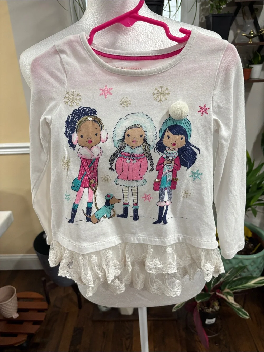 Cynthia Rowley Girls' Winter Graphic Lace Hem Top size 4